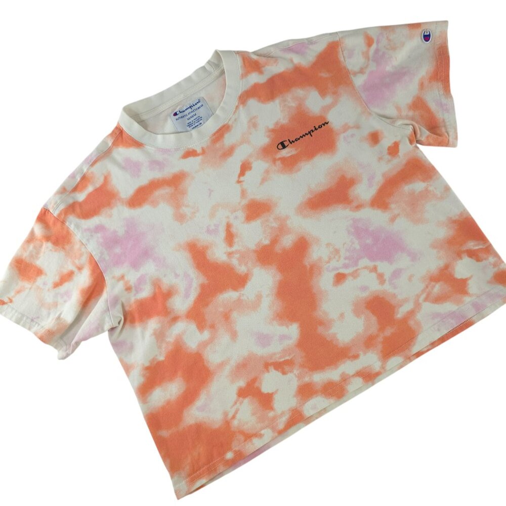 CHAMPION WOMEN'S SIZE MEDIUM TIE DYE CROP T-SHIRT SHORT SLEEVE WHITE MULTICOLOR